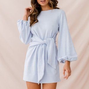 Rapt Waist Tie Bishop Sleeve Knit Dress